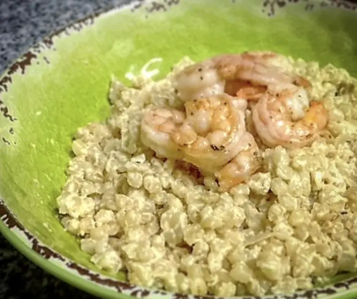 Risotto de mote con camarones fácil