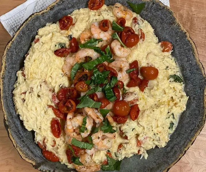 Arroz a la huancaína con camarones