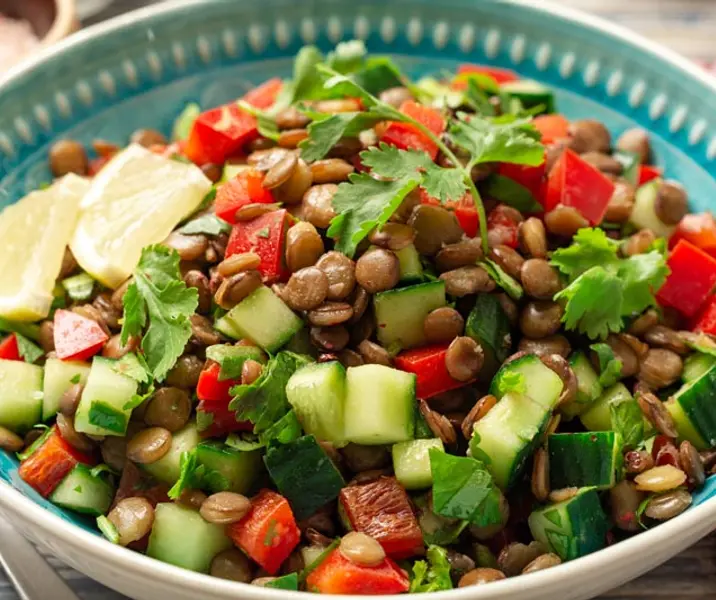 Ensalada de lentejas, atún, tomate, palta, zapallo italiano y champiñones