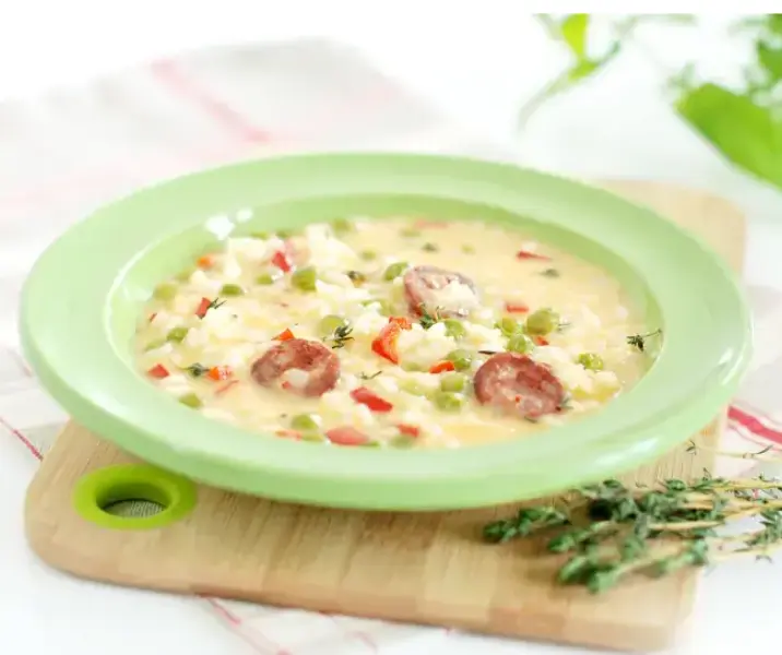 Arroz meloso de arvejas y chorizo thermomix
