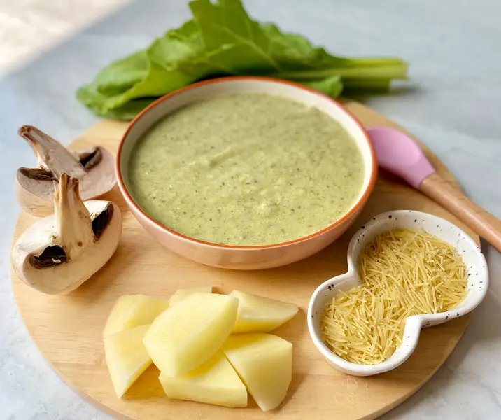 Papilla de pollo, cabellos de ángel, champiñones y acelga