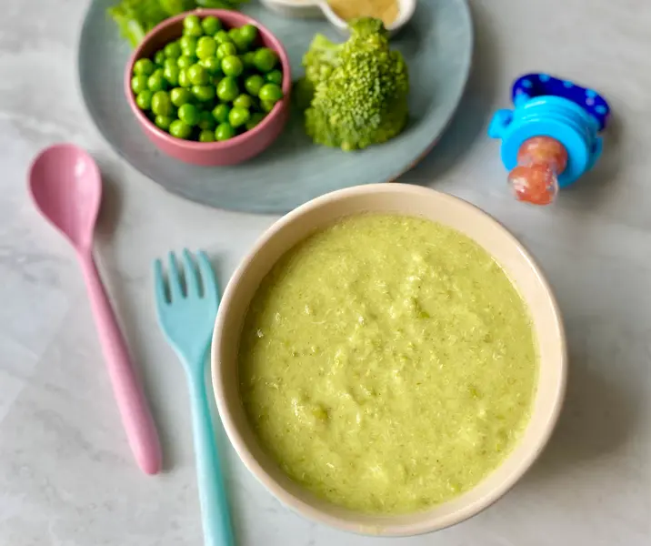 Papilla de pollo, arvejas, brócoli y porotos verdes