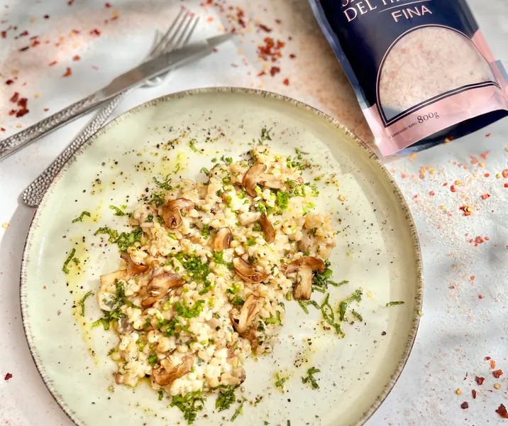 Risotto de mote con champiñones vegano
