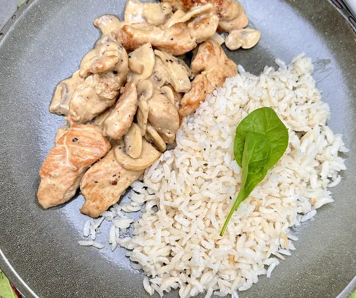 Pollo al champiñón con arroz sin gluten
