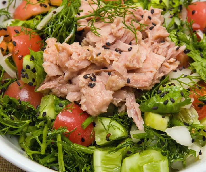 Ensalada de atún, hojas verdes, tomate y pepino sin gluten