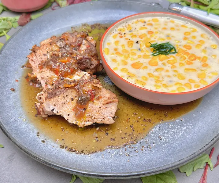 Pulpa de cerdo a la cacerola con choclo a la crema sin gluten