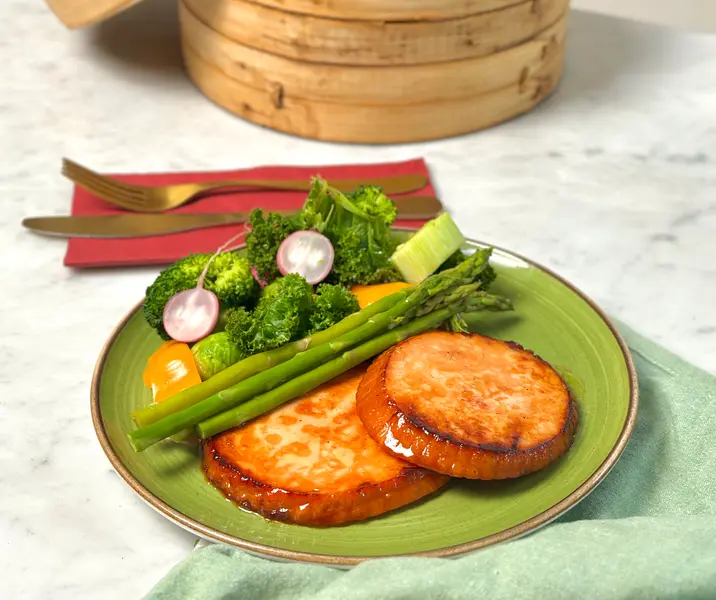 Verduras al vapor con jamón de pavo y miel