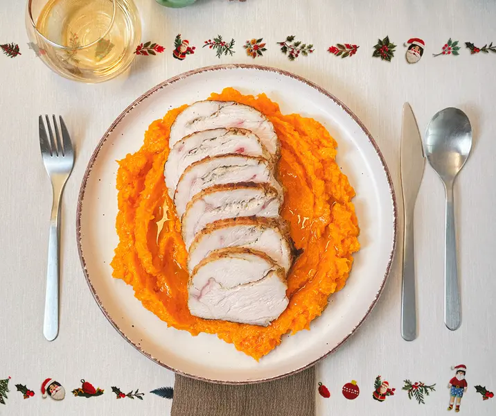 Pechuga de pavo agridulce con puré de zapallo